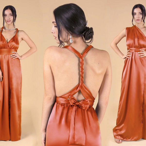 Gebrannte Orange Brautjungfer Kleid, Satin Brautjungfernkleider Rost Herbst Kürbis Seide Brautjungfer Kleid Langes Multiway Infinity Kleid Wickelkleid Abschlussball