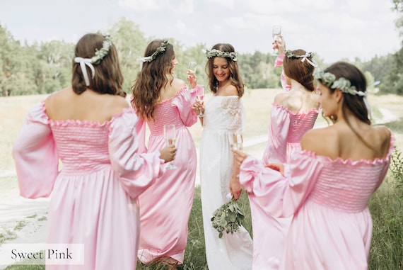 bridesmaid dresses drawings Off the Shoulder Light Pink Long Bridesmaid Dress with Slit – jkprom main image 0