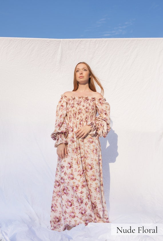chinese dress ladies HNFYSMQL Women's Floral Puff Sleeve Maxi Dress, Boho Casual Beach Dress  (#1,M) at Amazon Women's Clothing store