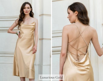 Gold Dress, Prom Dress, Silk Dress, Slip Dress, Cocktail Dress Homecoming Dress Summer Backless Openback String Tied Low Back Midi Cowl Neck