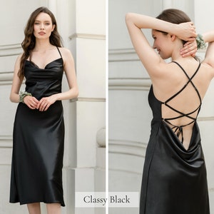 Silk Dress, Black Dress, Prom Dress, Cocktail Dress, Homecoming Dress Slip Dress Backless Openback String Tied Low Back Midi Dress Cowl Neck