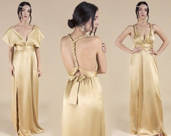 Gold Brautjungfer Kleid, Champagner Brautjungfernkleider, Infinity Kleid aus Seide, Satin Multiway Kleid, Abschlussball Kleid, Abschlusskleid, Abendkleid