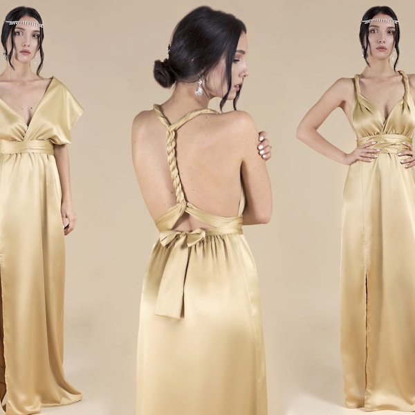 Gold Bridesmaid Dress, Champagne Bridesmaid Dresses, Silk Infinity Dress, Satin Multiway Dress, Prom Dress, Graduation Dress, Evening Dress