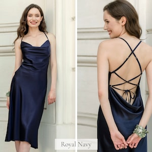 Silk Dress, Prom Dress, Slip Dress, Cocktail Dress, Homecoming Dress Summer Dress Navy Low Back Midi Cowl Neck Backless Openback String Tied