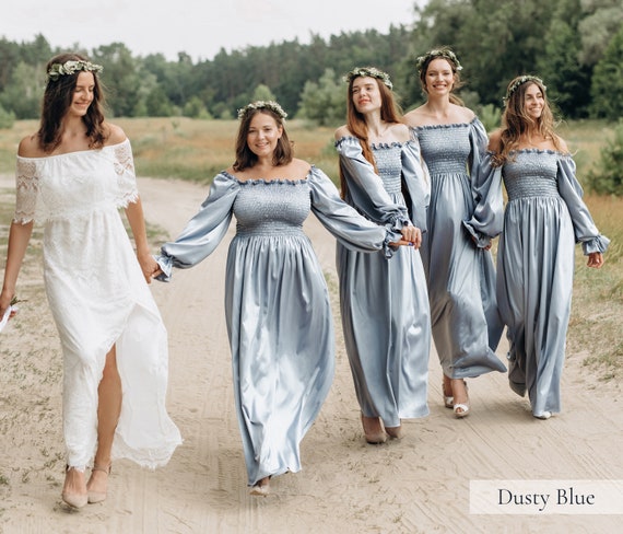Silk Bridesmaid Dress, Bridesmaid Dresses, Boho Shirred Summer Dress,  Vintage Dress Cottagecore Dress Navy Maxi Beach Dress Bridgerton Dress