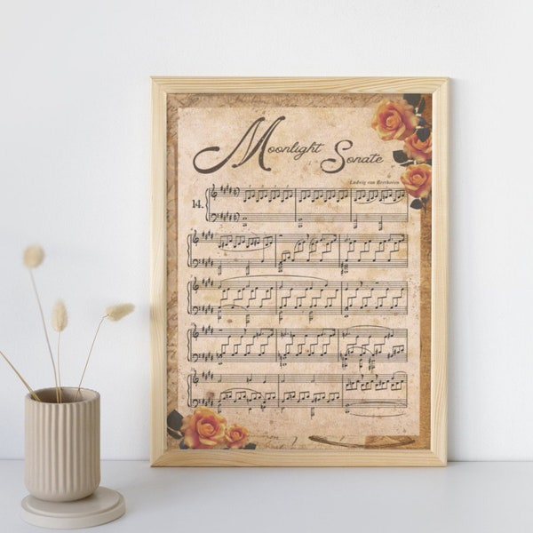 VINTAGE/RUSTIC/COTTAGECORE Style Sheet Music Printable Piano Music for Decoration "Moonlight Sonate" Ludwig van Beethoven Classical Music A4