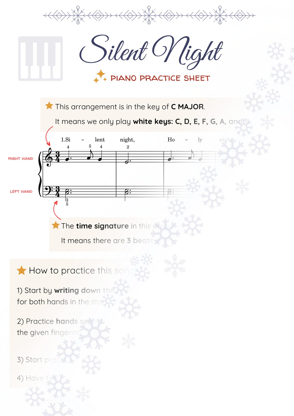 Easy Beginner Piano PRACTICE SHEET Sheet Music 'silent Night' for Kids ...
