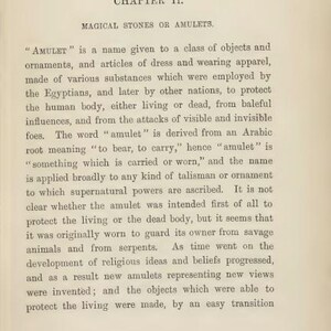 May include: Aged book page with the title "Chapter II. Magical Stones or Amulets." The text describes the history and purpose of amulets, their origins in ancient Egypt, and their use for protection.