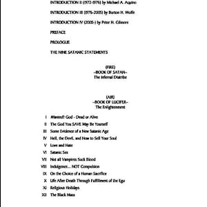 K&ouml;nnte beinhalten: Eine schwarz-wei&szlig;e Textseite mit Titeln und nummerierten Listen. Der Text enth&auml;lt die Titel "The Nine Satanic Statements", "Book of Satan" und "Book of Lucifer". Die nummerierte Liste enth&auml;lt Titel wie "Love and Hate" und "Satanic Sex".