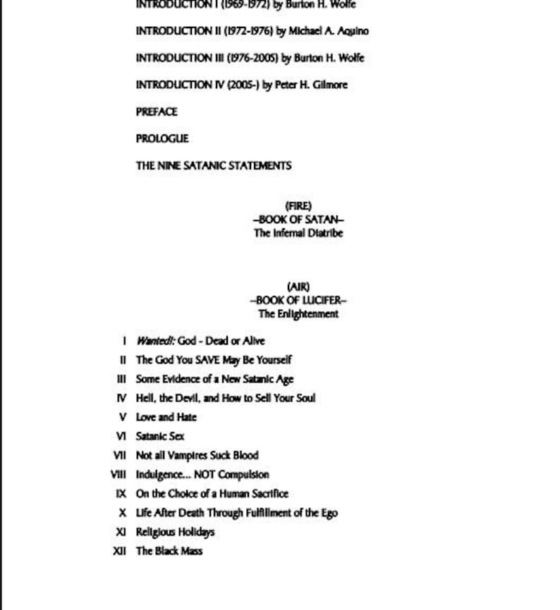 K&ouml;nnte beinhalten: Eine schwarz-wei&szlig;e Textseite mit Titeln und nummerierten Listen. Der Text enth&auml;lt die Titel "The Nine Satanic Statements", "Book of Satan" und "Book of Lucifer". Die nummerierte Liste enth&auml;lt Titel wie "Love and Hate" und "Satanic Sex".