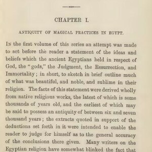 May include: A page from an antique book titled "EGYPTIAN MAGIC." The text includes "Chapter I" and discusses ancient Egyptian magical practices, beliefs, and religious works. The page is aged with a cream-colored background.