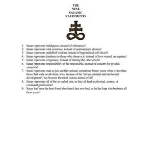 K&ouml;nnte beinhalten: Eine wei&szlig;e Seite mit dem Text "THE NINE SATANIC STATEMENTS" und einem Symbol. Darunter beginnen neun Aussagen mit "Satan steht f&uuml;r..." und setzen sich mit verschiedenen philosophischen Ideen fort. Der Text ist schwarz.