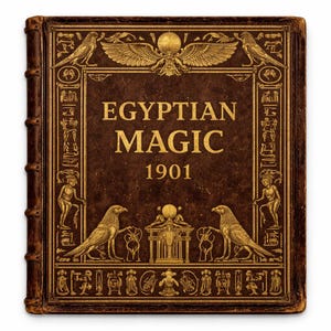 Puede incluir: Un libro antiguo titulado "EGYPTIAN MAGIC 1901" con una cubierta de cuero marrón y letras e ilustraciones doradas en relieve. La portada presenta imágenes de temática egipcia, incluyendo aves, jeroglíficos y otros elementos decorativos.