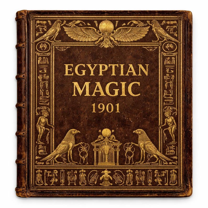 May include: A vintage book titled "EGYPTIAN MAGIC 1901" with a brown leather cover and gold embossed lettering and illustrations. The cover features Egyptian-themed imagery, including birds, hieroglyphs, and other decorative elements.