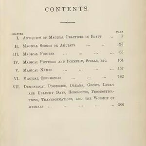 May include: A vintage book page featuring the table of contents. The title "CONTENTS" is at the top, followed by a list of chapters with titles like "Magical Stones or Amulets" and "Demoniacal Possession." The page numbers are listed on the right.