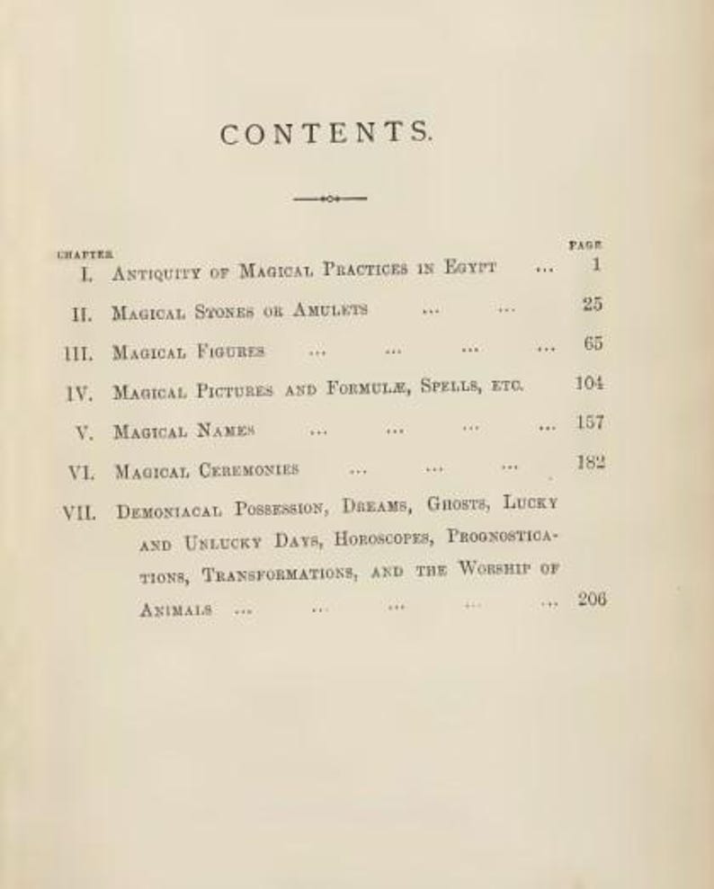 May include: A vintage book page featuring the table of contents. The title "CONTENTS" is at the top, followed by a list of chapters with titles like "Magical Stones or Amulets" and "Demoniacal Possession." The page numbers are listed on the right.