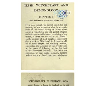 Puede incluir: P&aacute;gina de un libro antiguo titulado "Irish Witchcraft and Demonology", Cap&iacute;tulo 1. El texto trata sobre la historia de la brujer&iacute;a en Irlanda y la ausencia de serpientes. La p&aacute;gina tiene un fondo color crema con texto negro.