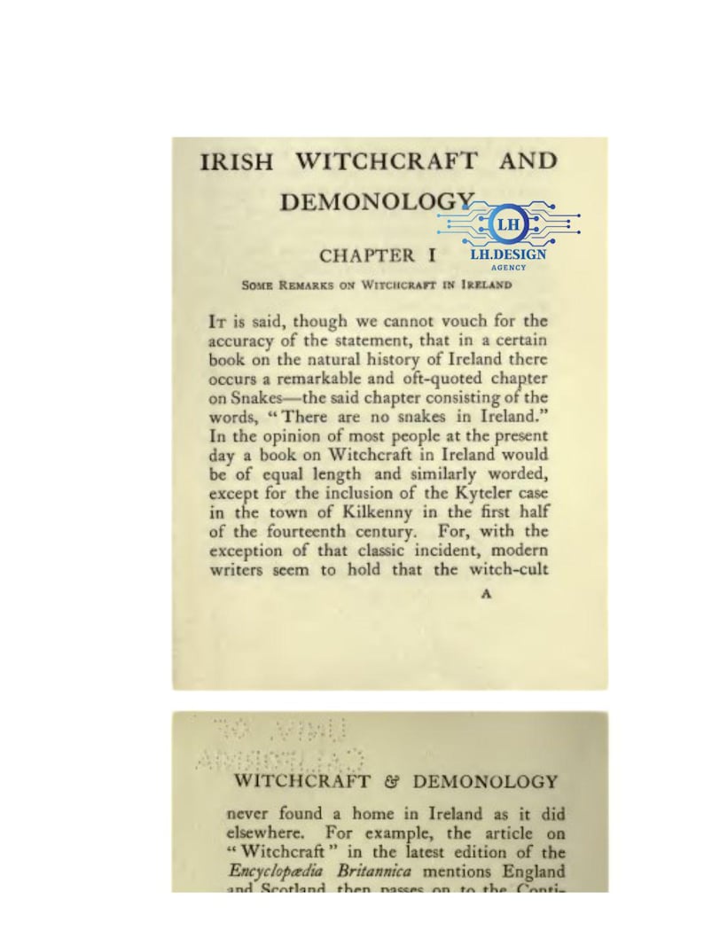 Puede incluir: P&aacute;gina de un libro antiguo titulado "Irish Witchcraft and Demonology", Cap&iacute;tulo 1. El texto trata sobre la historia de la brujer&iacute;a en Irlanda y la ausencia de serpientes. La p&aacute;gina tiene un fondo color crema con texto negro.