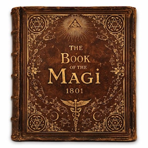 以下が含まれることがあります： 「The Book of the Magi 1801」と書かれた、茶色の革装丁の古書。 金色のエンボス加工の文字と、星、花柄、カドゥケウスのシンボルなどの装飾が施されています。 古い、アンティークな外観の書籍です。