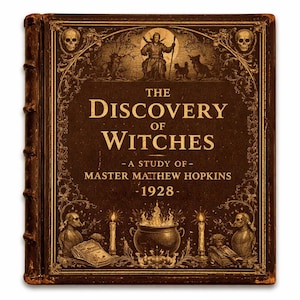 May include: A vintage-style book cover with the title "The Discovery of Witches" in gold lettering. The cover is brown with ornate illustrations of skulls, figures, and a cauldron. The year 1928 is also displayed.