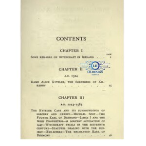 Puede incluir: P&aacute;gina de libro antiguo con el t&iacute;tulo "CONTENTS" en la parte superior. La p&aacute;gina enumera cap&iacute;tulos sobre brujer&iacute;a en Irlanda, incluyendo "Dame Alice Kyteler, la hechicera de Kilkenny". El texto es en negro.