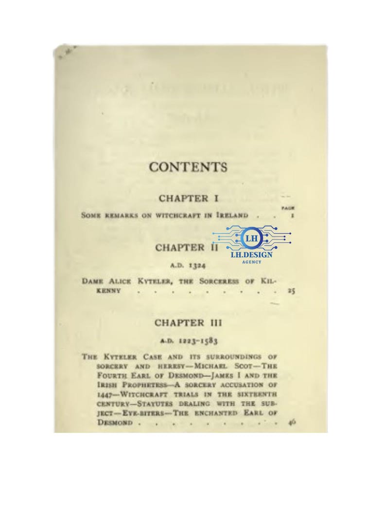 Puede incluir: P&aacute;gina de libro antiguo con el t&iacute;tulo "CONTENTS" en la parte superior. La p&aacute;gina enumera cap&iacute;tulos sobre brujer&iacute;a en Irlanda, incluyendo "Dame Alice Kyteler, la hechicera de Kilkenny". El texto es en negro.