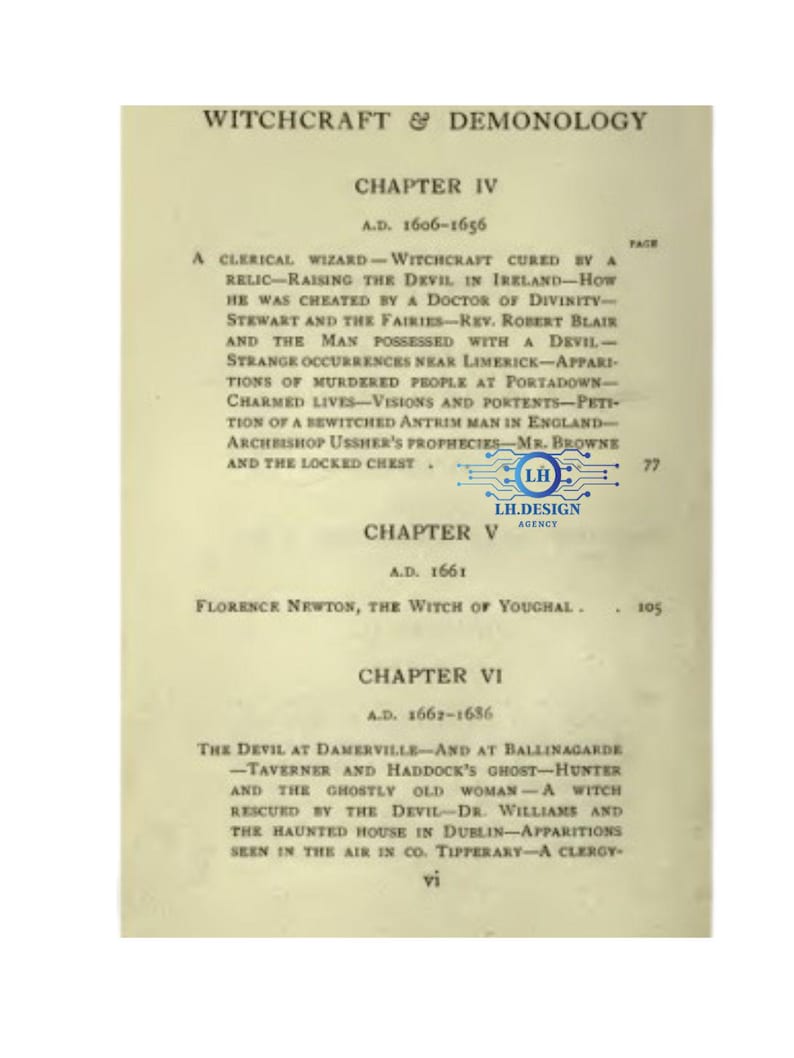 Puede incluir: Una p&aacute;gina de libro antiguo titulada "Witchcraft & Demonology" con texto que detalla eventos hist&oacute;ricos de 1606-1686. La p&aacute;gina incluye t&iacute;tulos de cap&iacute;tulos, fechas y descripciones de eventos, con el n&uacute;mero de p&aacute;gina 77 visible.