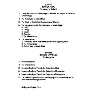 K&ouml;nnte beinhalten: Eine schwarz-wei&szlig;e Seite mit Text aus einem Buch. Der Text enth&auml;lt &Uuml;berschriften wie "Book of Belial" und "Book of Leviathan". Der Text ist in nummerierte und mit Buchstaben versehene Abschnitte unterteilt, die Rituale und Praktiken detailliert beschreiben.