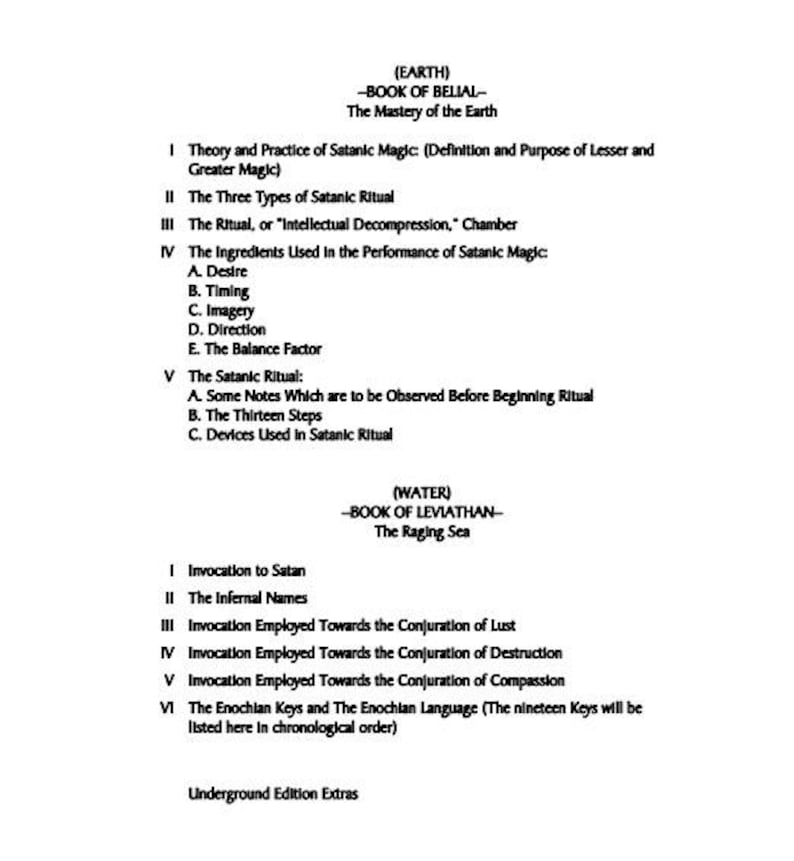 K&ouml;nnte beinhalten: Eine schwarz-wei&szlig;e Seite mit Text aus einem Buch. Der Text enth&auml;lt &Uuml;berschriften wie "Book of Belial" und "Book of Leviathan". Der Text ist in nummerierte und mit Buchstaben versehene Abschnitte unterteilt, die Rituale und Praktiken detailliert beschreiben.