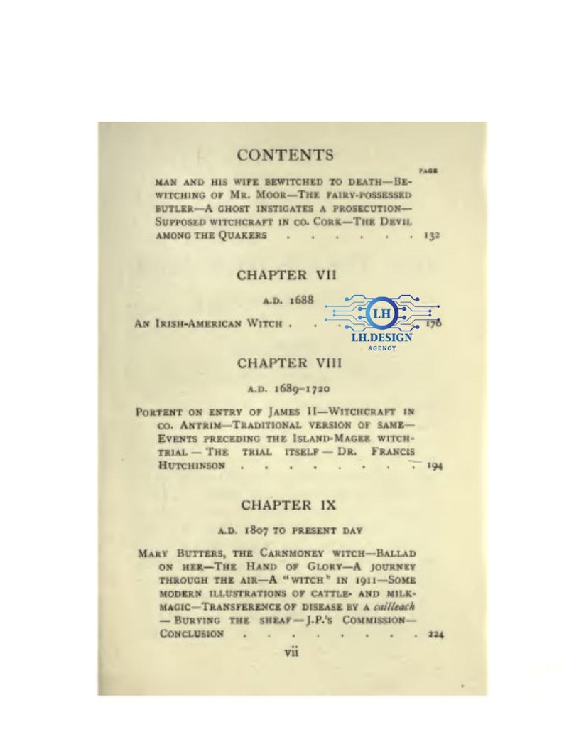 Puede incluir: P&aacute;gina de libro vintage crema con un &iacute;ndice y t&iacute;tulos de cap&iacute;tulos. El texto trata sobre brujer&iacute;a y eventos hist&oacute;ricos, con n&uacute;meros de p&aacute;gina. El logotipo de LH Design Agency es visible.