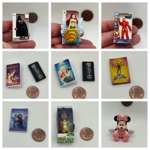 May include: A collection of miniature Disney and Marvel characters and movies. The characters include Darth Vader, Ariel, Iron Man, Tiana, and Mickey Mouse. The movies include Beauty and the Beast, The Little Mermaid, Frozen, and Hercules.