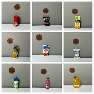 May include: A collection of nine miniature food and beverage items, including a red ketchup bottle, a black snack bag, a Minute Maid orange juice carton, a beef broth carton, a Cape Cod chip bag, a slushy cup, a pink drink, and a yellow jug.