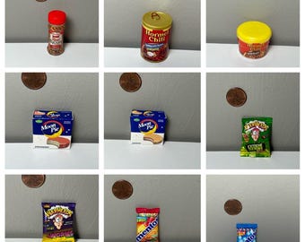 May include: A collection of nine miniature food and candy items including a bacon bits shaker, Hormel chili can, Hormel chili tub, strawberry and banana Moon Pie boxes, Warheads sour candy, Warheads worms, and two Mentos candy packs.