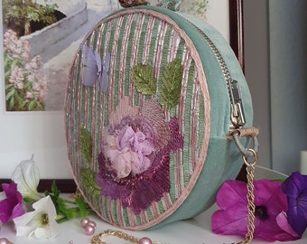 Embroidery bag, Flower bag, Velvet bag, Mint bag, Round bag, Chain bag, Shoulder bag, Rose bag, Personalized gift, Woman bag, Handbag