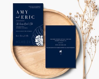 Marineblaue tropische Hochzeitseinladung, elegante Strandhochzeit, minimalistische Boho-Einladung, CANVA-Vorlage, DIY Hochzeit Printable