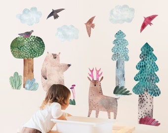 Boho Forest Animals Wall Decal for Kids Room and Nursery, Pine Tree Wall Decals, Deer Decals,  Bear Wall Stickers