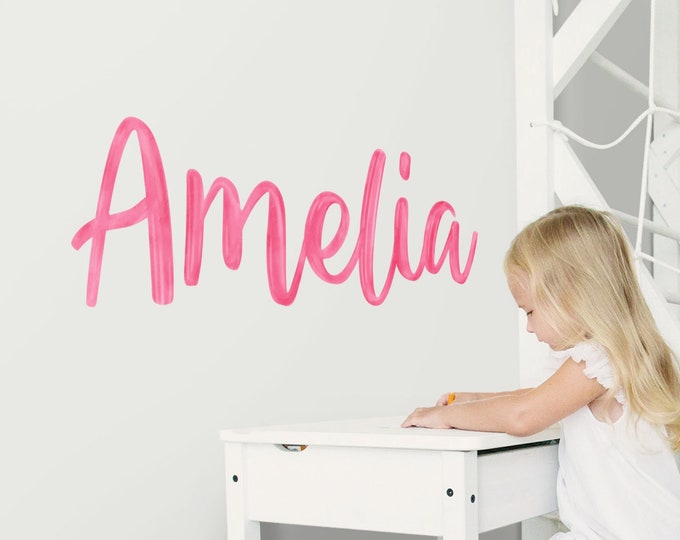 Calcomanía de pared personalizada con nombre de acuarela, pegatina de pared personalizada, letrero con el nombre de la guardería, decoración personalizada de la habitación para niños, palabras inspiradoras en letras