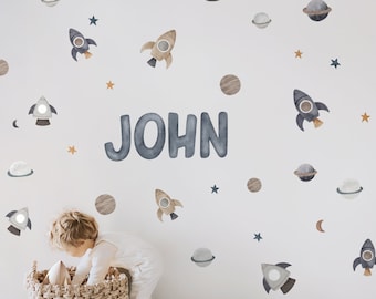 Personalized Space Wall Decals: Watercolor Planets, Rockets, Stars