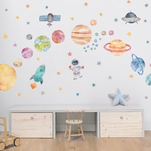Space Wall Decals, Watercolor Solar System, Nursery Decals, Planet Wall Decals, Stars, Planets, Astronaut, Kids Wall Decals, Peel and Stick image 2