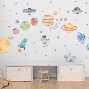 Calcomanías de pared espacial, sistema solar de acuarela, calcomanías de guardería, calcomanías de pared de planetas, estrellas, planetas, astronauta, calcomanías de pared para niños, pelar y pegar imagen 2