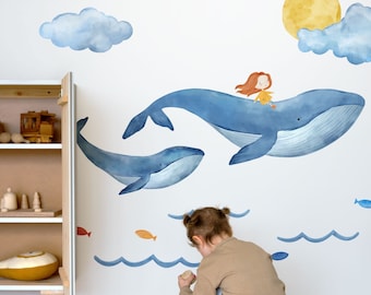 Ensemble de décalcomanies murales de baleine aquarelle, décalcomanie murale d'animaux marins, autocollants sous la mer, autocollants muraux