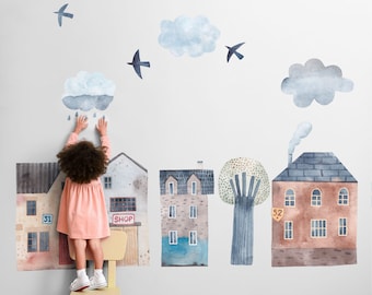 Watercolor Town Wall Decals: Boho Cityscape Stickers