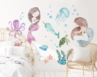 Watercolour Mermaid Wall Decal Set, Sea Animals Wall Decal, Under the Sea Stickers, Fish Wall Stickers, Nursery Wall Decal, Sea World