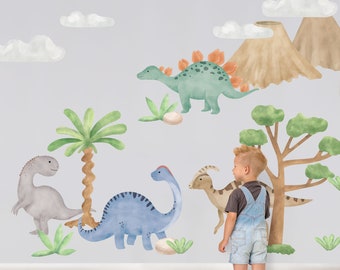 Dinosaurier-Wandtattoo, Aquarell Dinosaurier-Kinderzimmer-Wand-Aufkleber, Aquarell Dinosaurier-Aufkleber-Set, Dino-Wandtattoo,