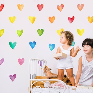 Watercolor Hearts Wall Decal, Rainbow Heart Wall Stickers, Kids Room Decor, Gift for Kids