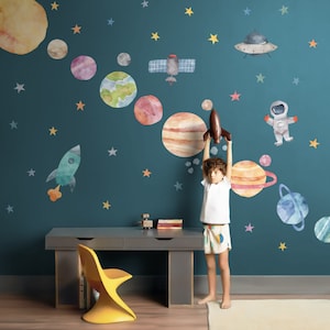 宇宙の壁用デカール、水彩画の太陽系、保育園用デカール、惑星の壁用デカール、星、惑星、宇宙飛行士、子供用壁用デカール、剥がして貼るだけ