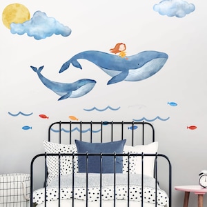 Watercolour Whale Wall Decal Set, Sea Animals Wall Decal, Under the Sea Stickers, Fish Wall Stickers, Nursery Wall Decal, Sea World