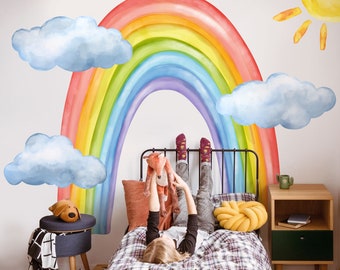 Watercolor Rainbow Set Wall Decal, Rainbow Nursery Wall Sticker, Kids Bedroom and Playroom Decor(Cloud,Sun,Rainbow)