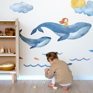 Watercolor Whale Wall Decal Set: Sea Animals Nursery Decor