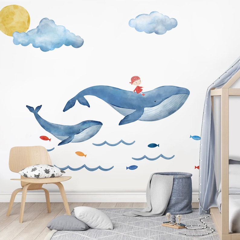 Watercolour Whale Wall Decal Set Sea Animals Wall Decal Etsy